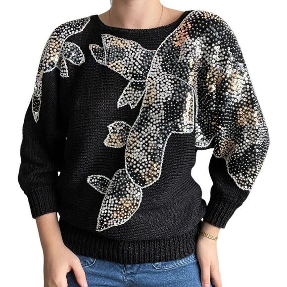 Vintage 80s Womens Black Metallic Sequen Hand Knit Retro Disco Sweater Sz M - Picture 2 of 10
